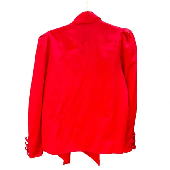 OSCAR DE LA RENTA EXPRESSIONS RED TIE NECK PUFF SLEEVE BLOUSE - Picture 2 of 5